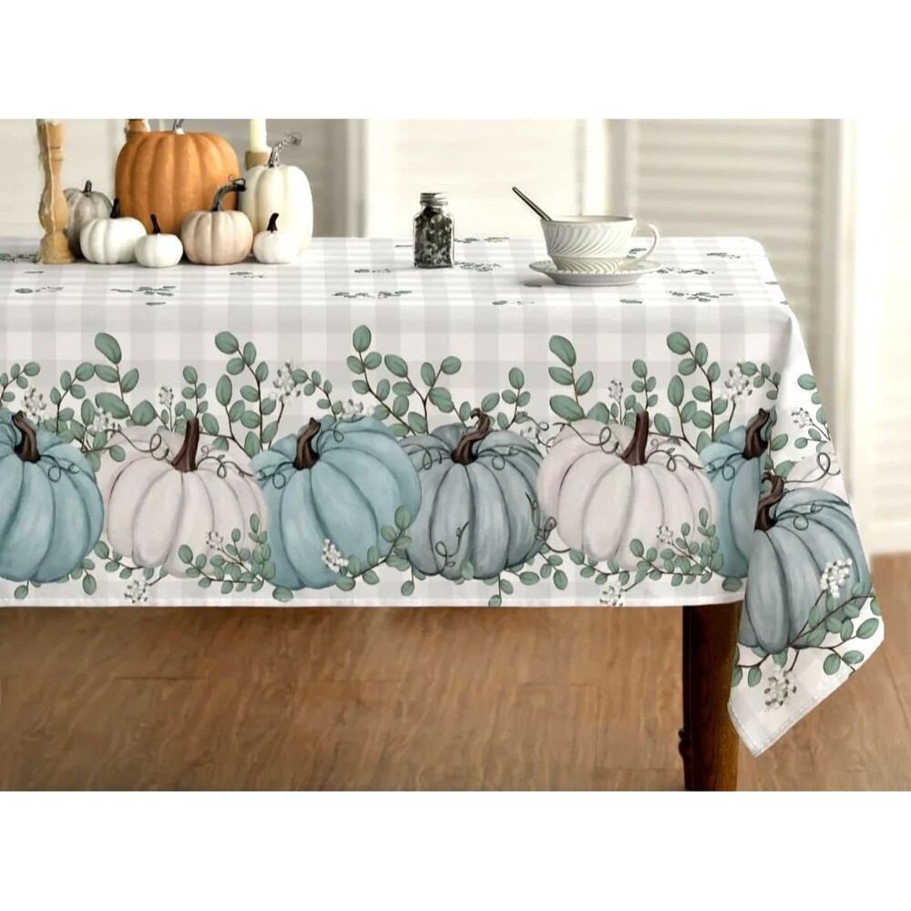 Harvest Pumpkins Fabric Tablecloth 60 x 84-in Blue White Fall Thanksgiving NEW